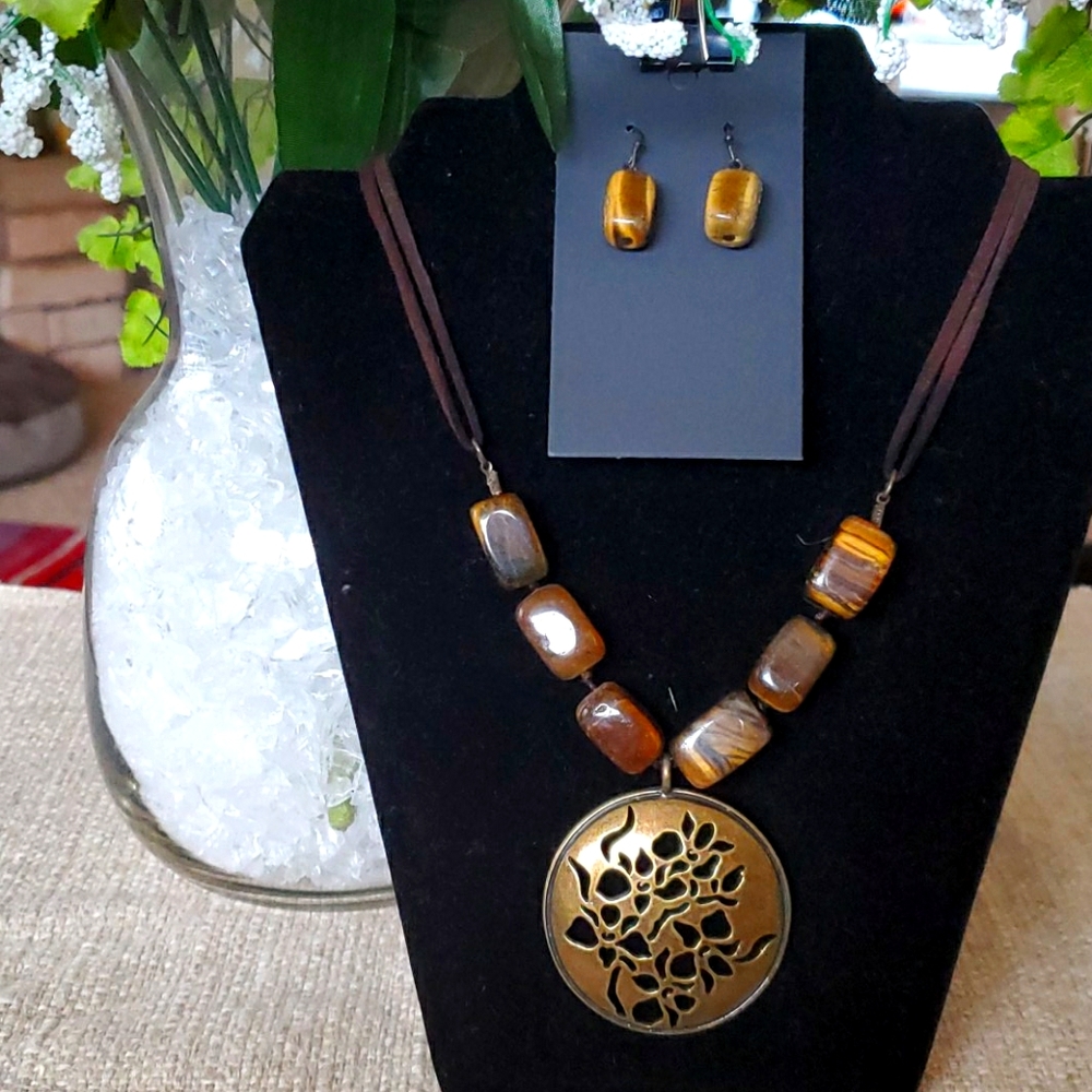 Tiger Eye, Leather, & Bronze Necklace/Earring Set